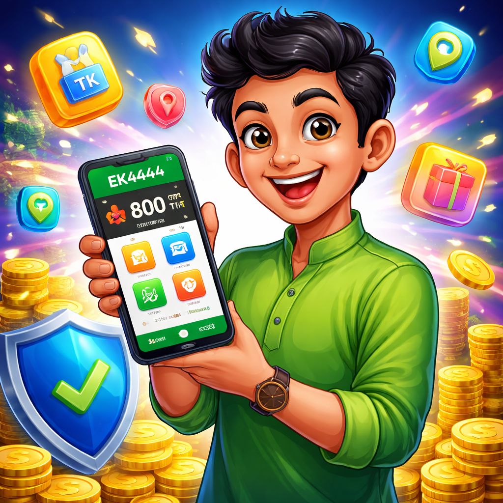 Cartoon Bangladeshi mobile gamer holding a phone with EK4444 app screen, coins, and bright app icons
