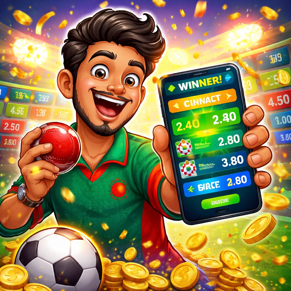 Cartoon Bangladeshi sports bettor using a mobile betting app with cricket ball, football, coins, and bright win effects