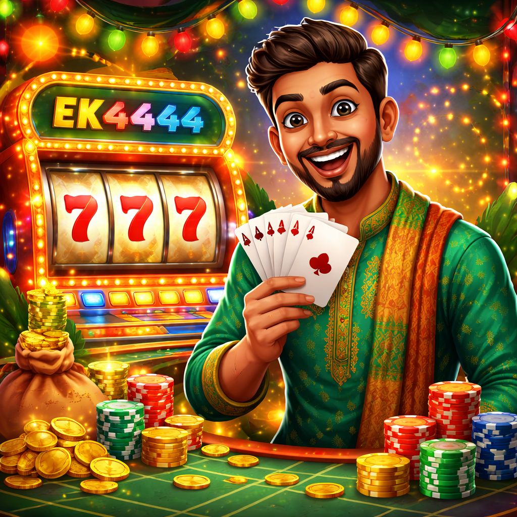 Cartoon casino player with cards, chips, slot reels, and EK4444 themed rewards
