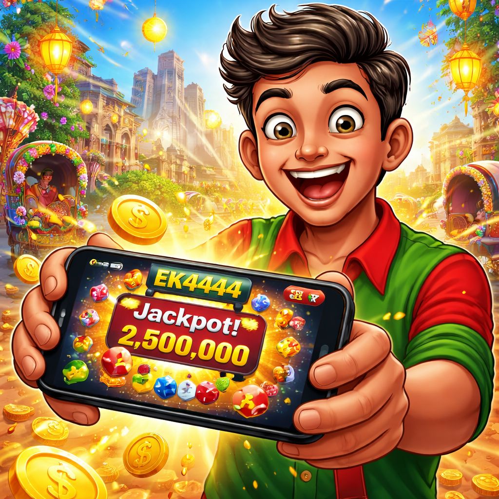 EK4444 cartoon character celebrating mobile casino rewards in Bangladesh