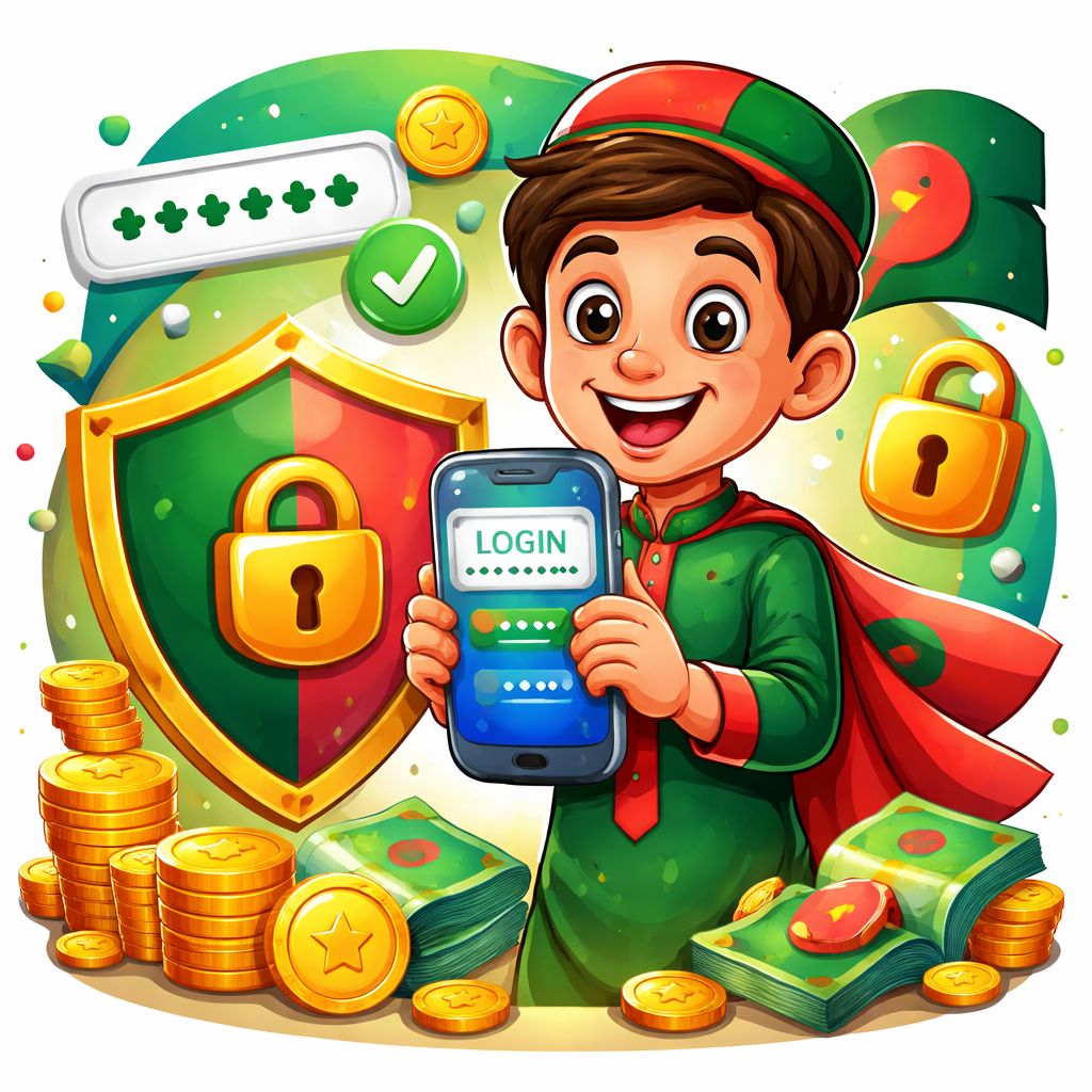 Cartoon character securely logging in to EK4444 on a mobile phone with shield and coins