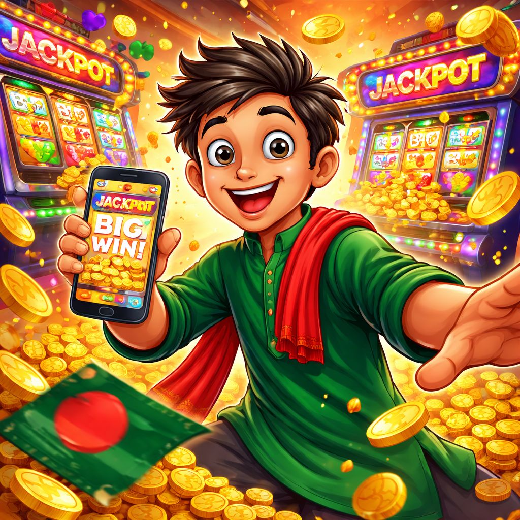 Cartoon slot player celebrating a jackpot with coins and bright reels